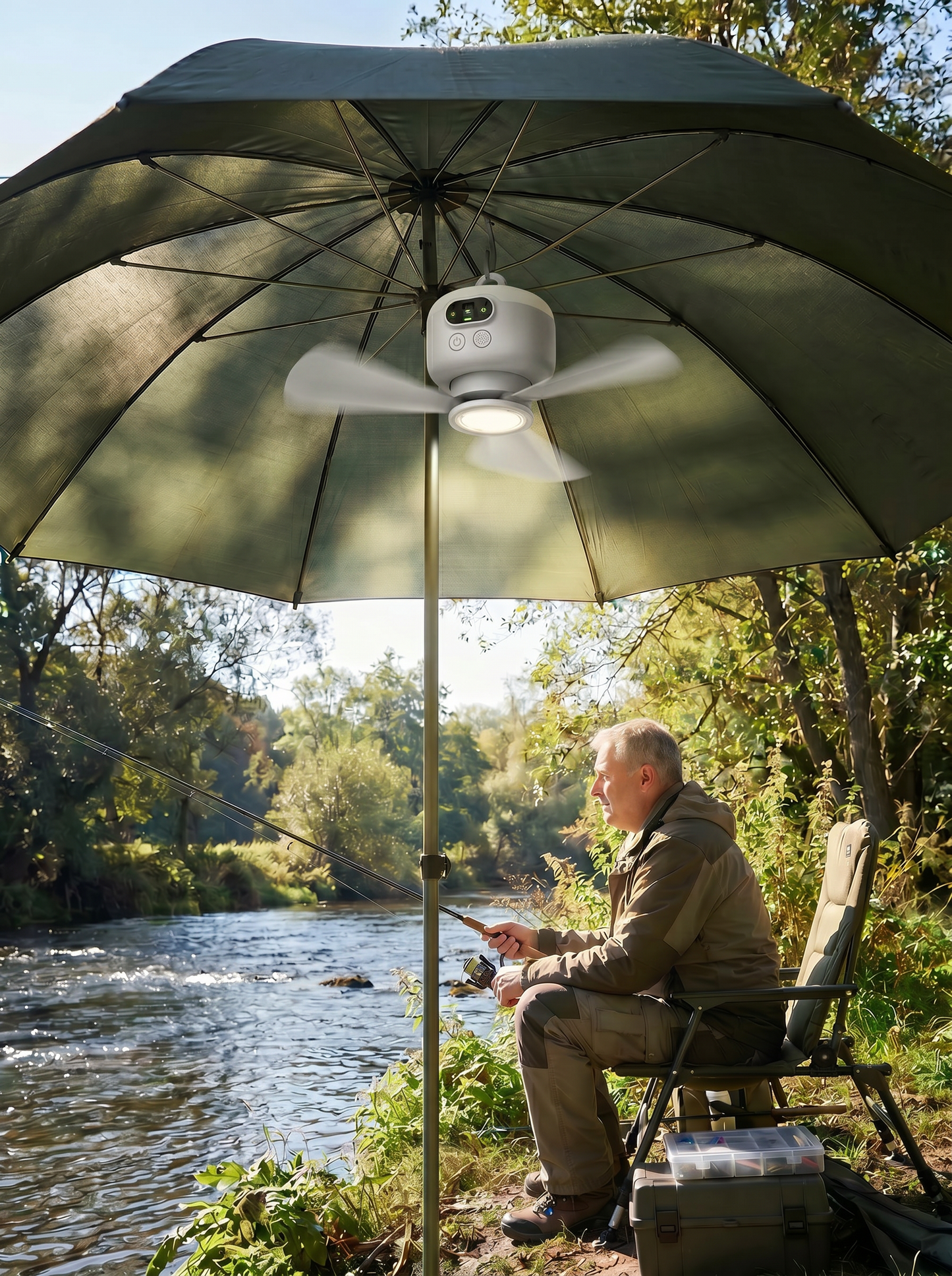 Bärbar campingfläkt med LED-belysning och fjärrkontroll
