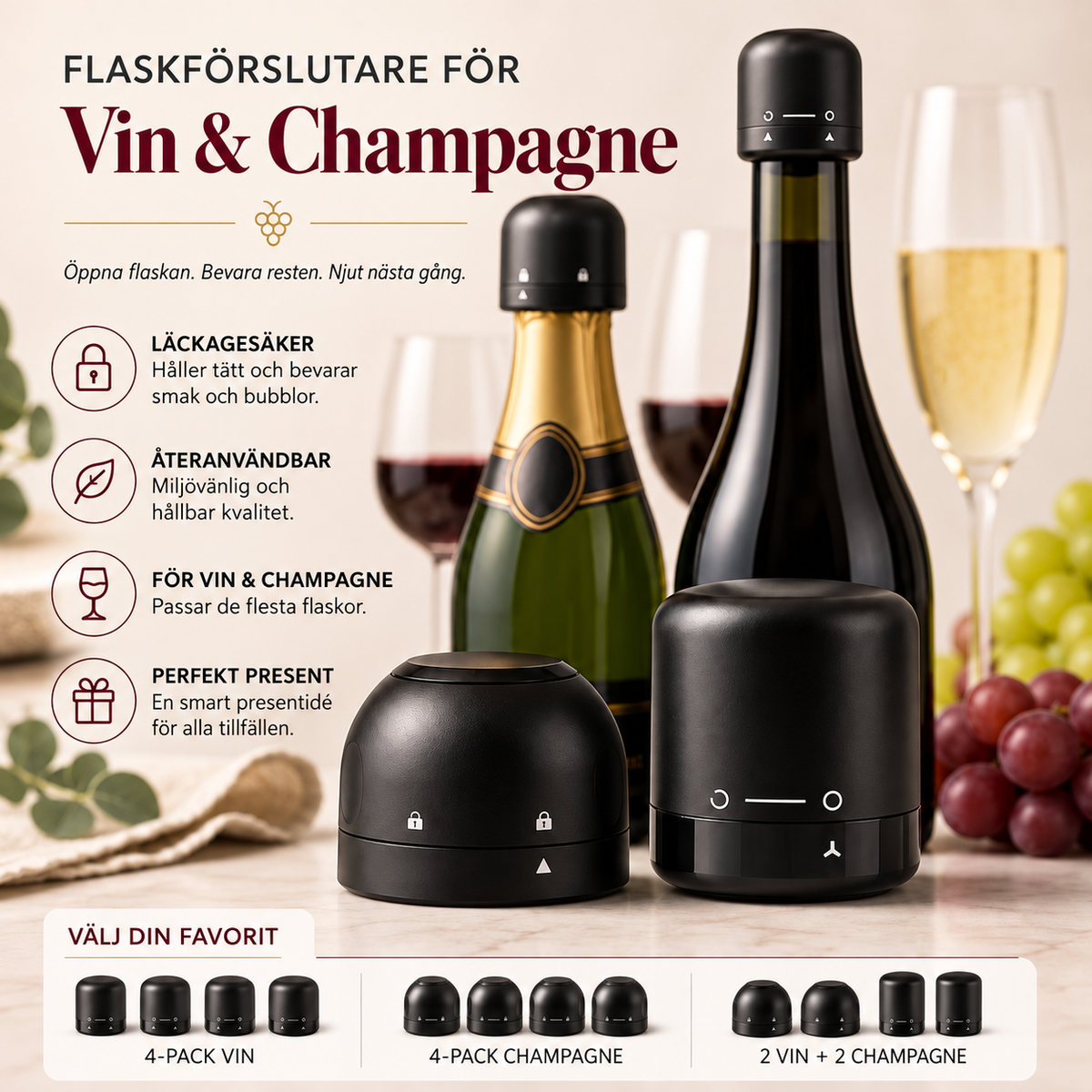 Flaskförslutare för Vin och Champagne