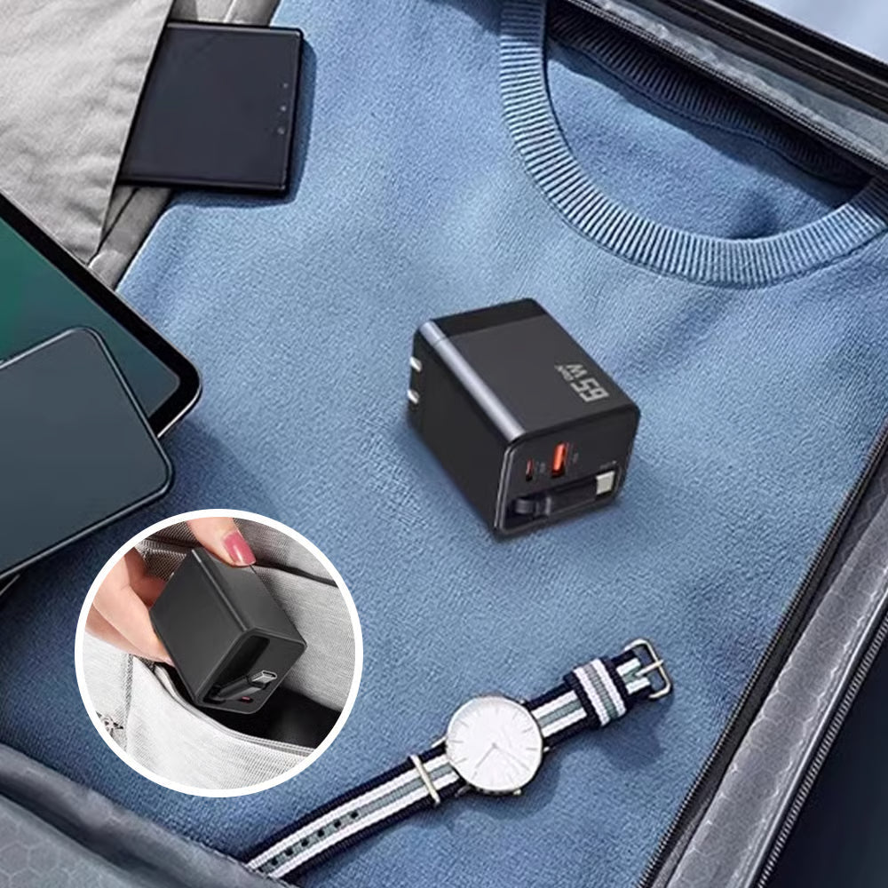 65W 3-i-1 snabb-laddare med utdragbar kabel