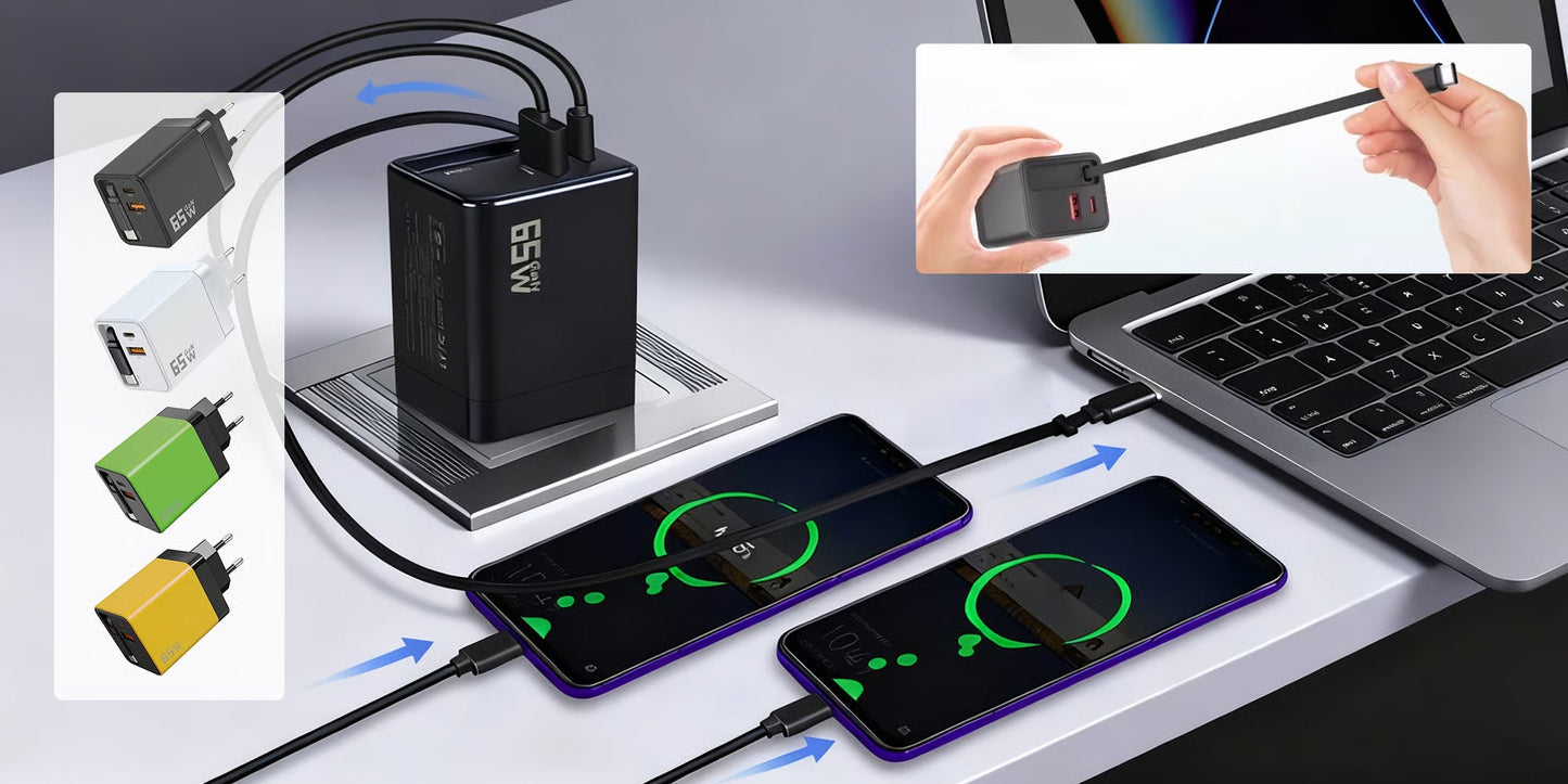 65W 3-i-1 snabb-laddare med utdragbar kabel