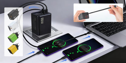 65W 3-i-1 snabb-laddare med utdragbar kabel