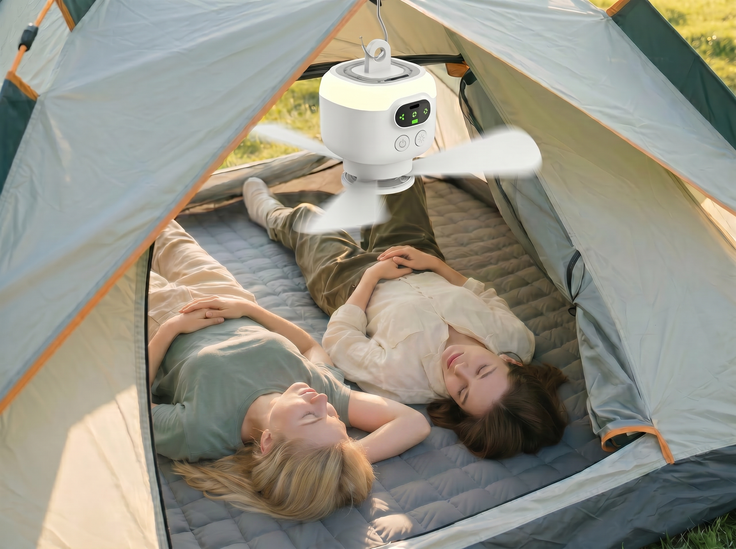Bärbar campingfläkt med LED-belysning och fjärrkontroll
