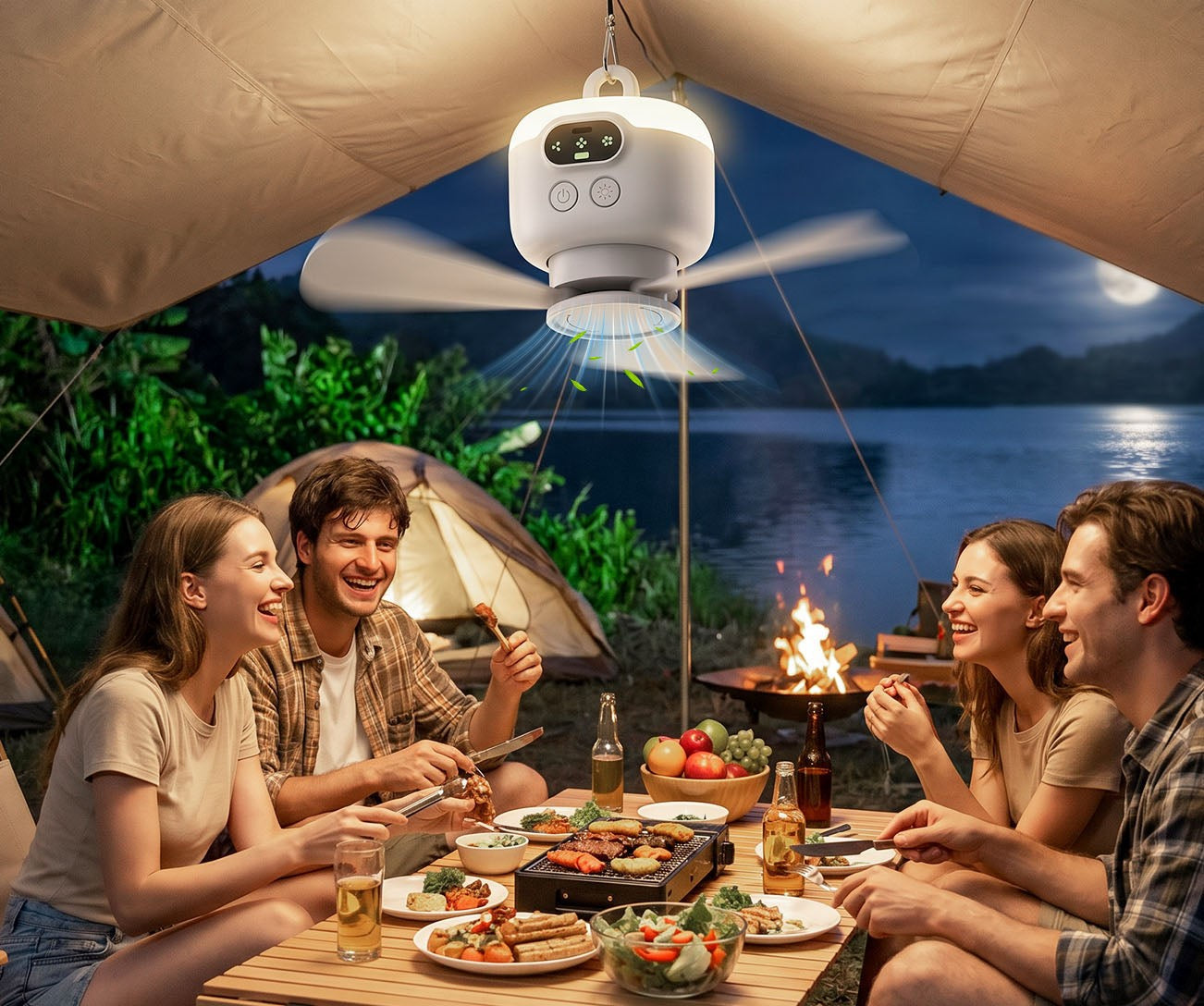 Bärbar campingfläkt med LED-belysning och fjärrkontroll