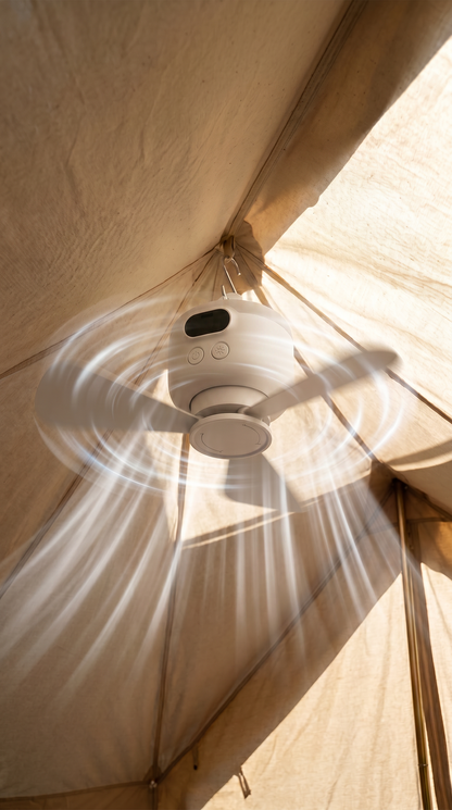 Bärbar campingfläkt med LED-belysning och fjärrkontroll