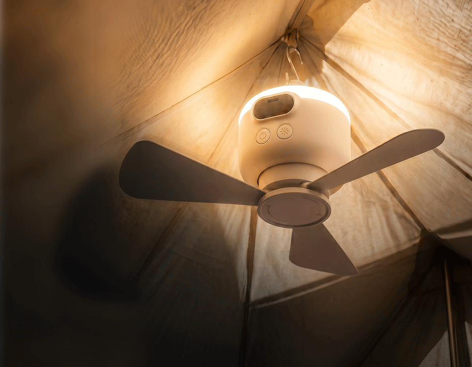 Bärbar campingfläkt med LED-belysning och fjärrkontroll