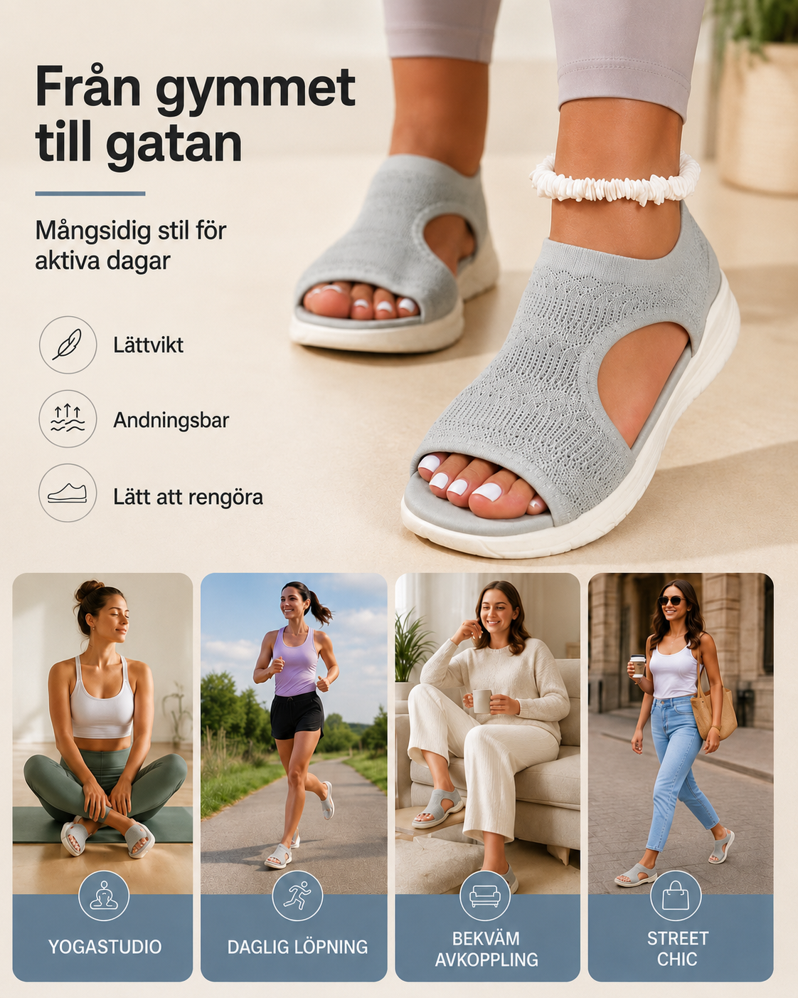 Bekväma, andningsbara platta sandaler