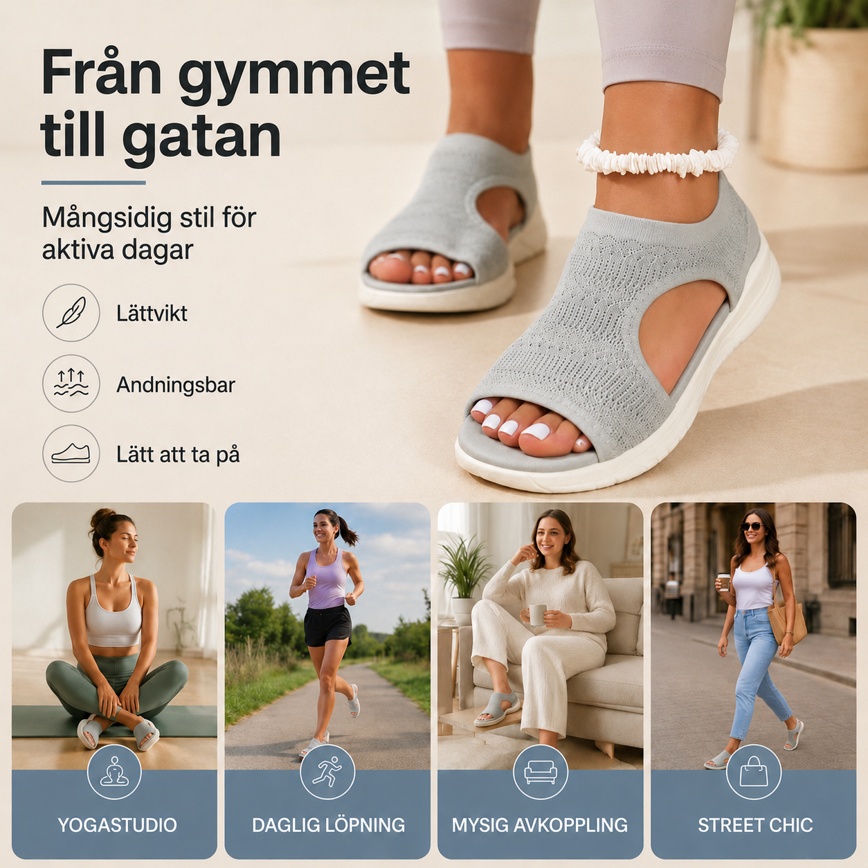 Bekväma, andningsbara platta sandaler