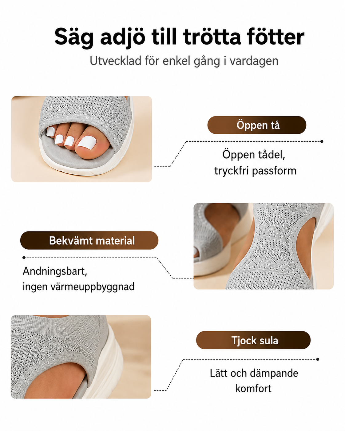Bekväma, andningsbara platta sandaler