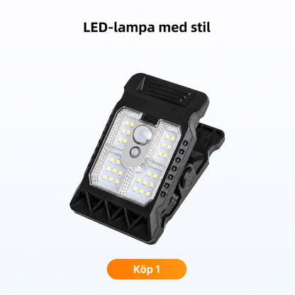 Solcellsdriven utomhuslampa med rörelsesensor och klämfäste