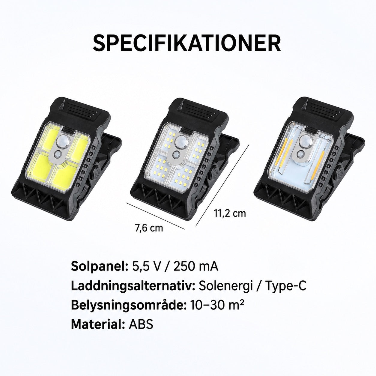 Solcellsdriven utomhuslampa med rörelsesensor och klämfäste