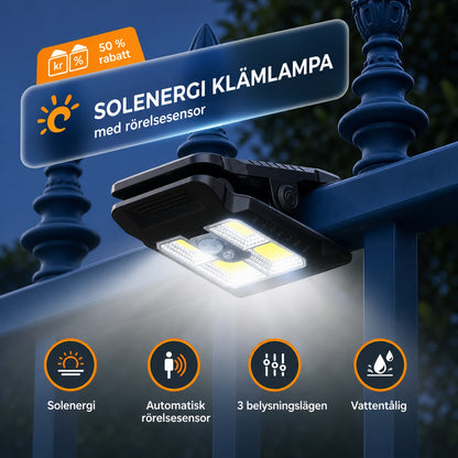 Solcellsdriven utomhuslampa med rörelsesensor och klämfäste