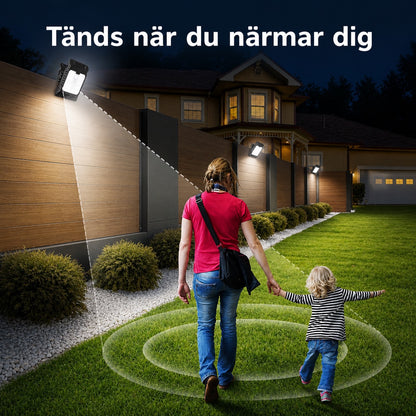 Solcellsdriven utomhuslampa med rörelsesensor och klämfäste
