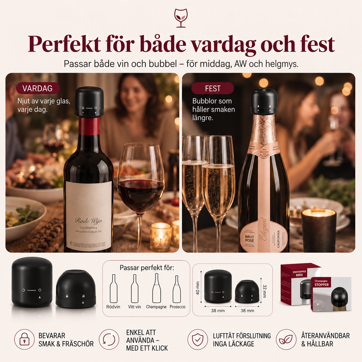 Flaskförslutare för Vin och Champagne