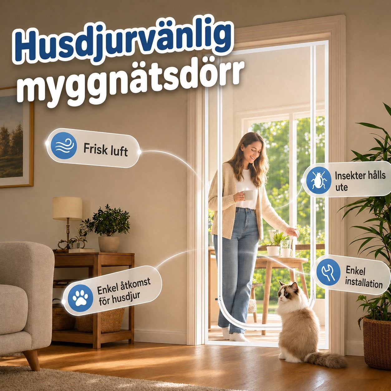 Myggnätsdörr med dragkedja – slitstarkt tyg som motstår repor, håller katter och hundar säkert inne eller ute, perfekt för varma dagar och frisk luft