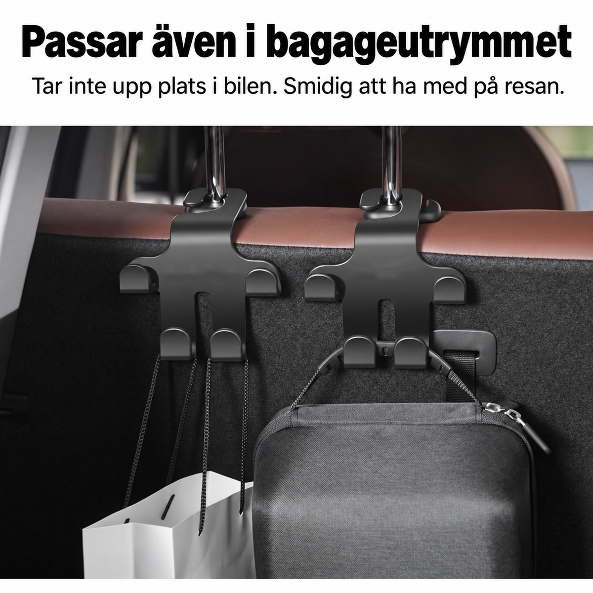Nackstödskrok med Billogotyp (2 Stycken) — Stabil, platsbesparande förvaring för väskor, shopping och tillbehör