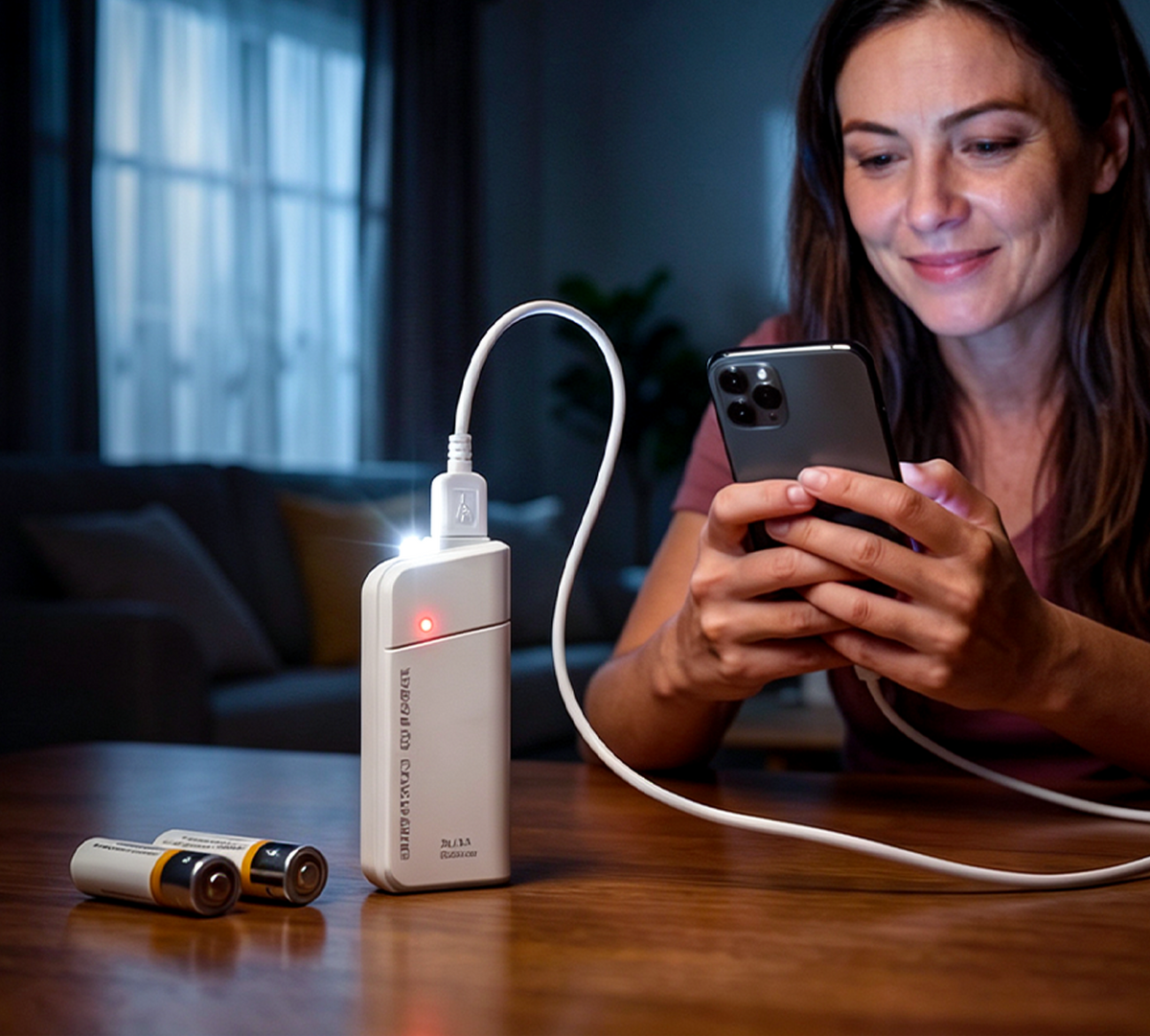 Bärbar nödladdare med AA-batterier – USB-laddning, kompakt och med LED-ficklampa – perfekt för resor, pendling och strömavbrott