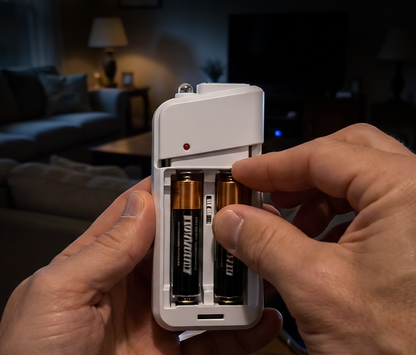 Bärbar nödladdare med AA-batterier – USB-laddning, kompakt och med LED-ficklampa – perfekt för resor, pendling och strömavbrott