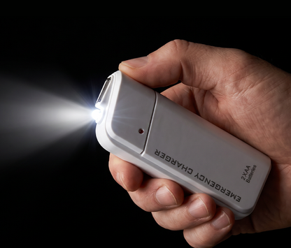 Bärbar nödladdare med AA-batterier – USB-laddning, kompakt och med LED-ficklampa – perfekt för resor, pendling och strömavbrott