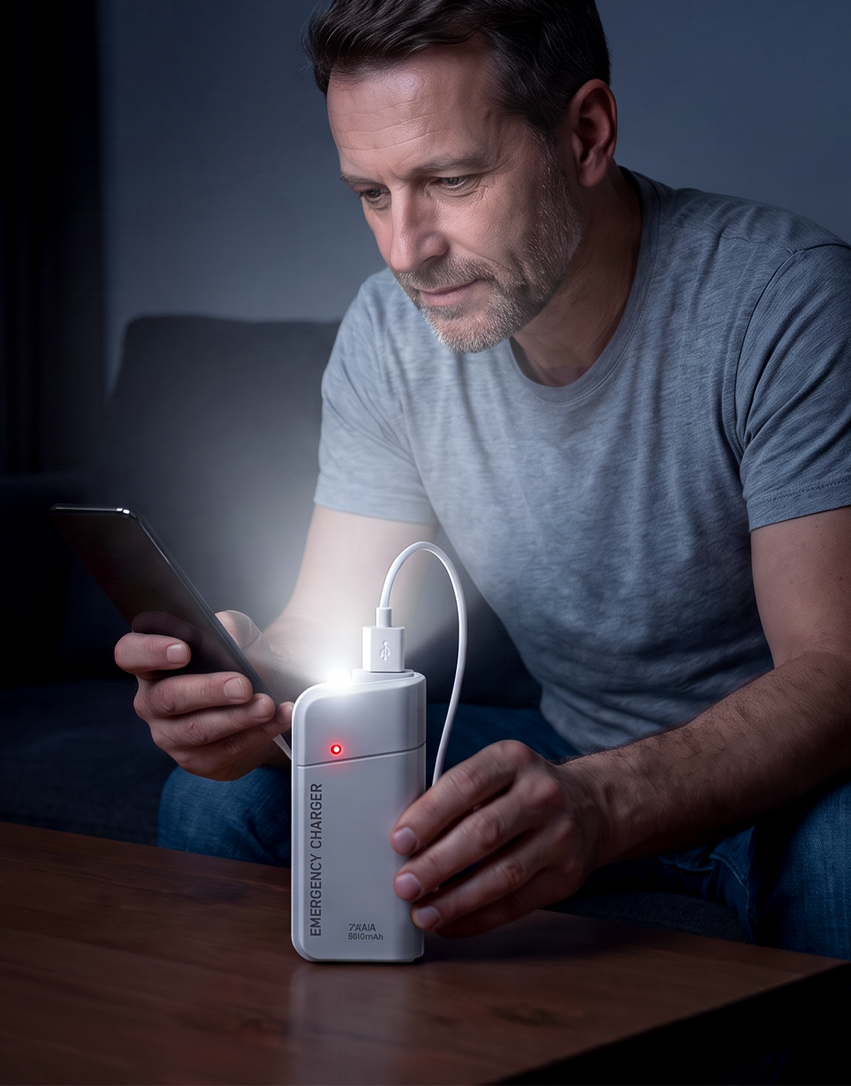 Bärbar nödladdare med AA-batterier – USB-laddning, kompakt och med LED-ficklampa – perfekt för resor, pendling och strömavbrott
