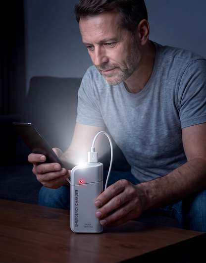 Bärbar nödladdare med AA-batterier – USB-laddning, kompakt och med LED-ficklampa – perfekt för resor, pendling och strömavbrott