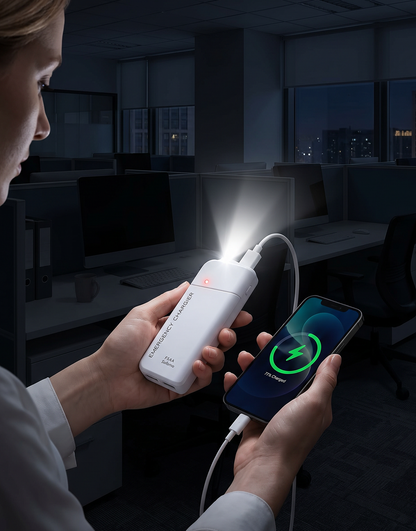 Bärbar nödladdare med AA-batterier – USB-laddning, kompakt och med LED-ficklampa – perfekt för resor, pendling och strömavbrott