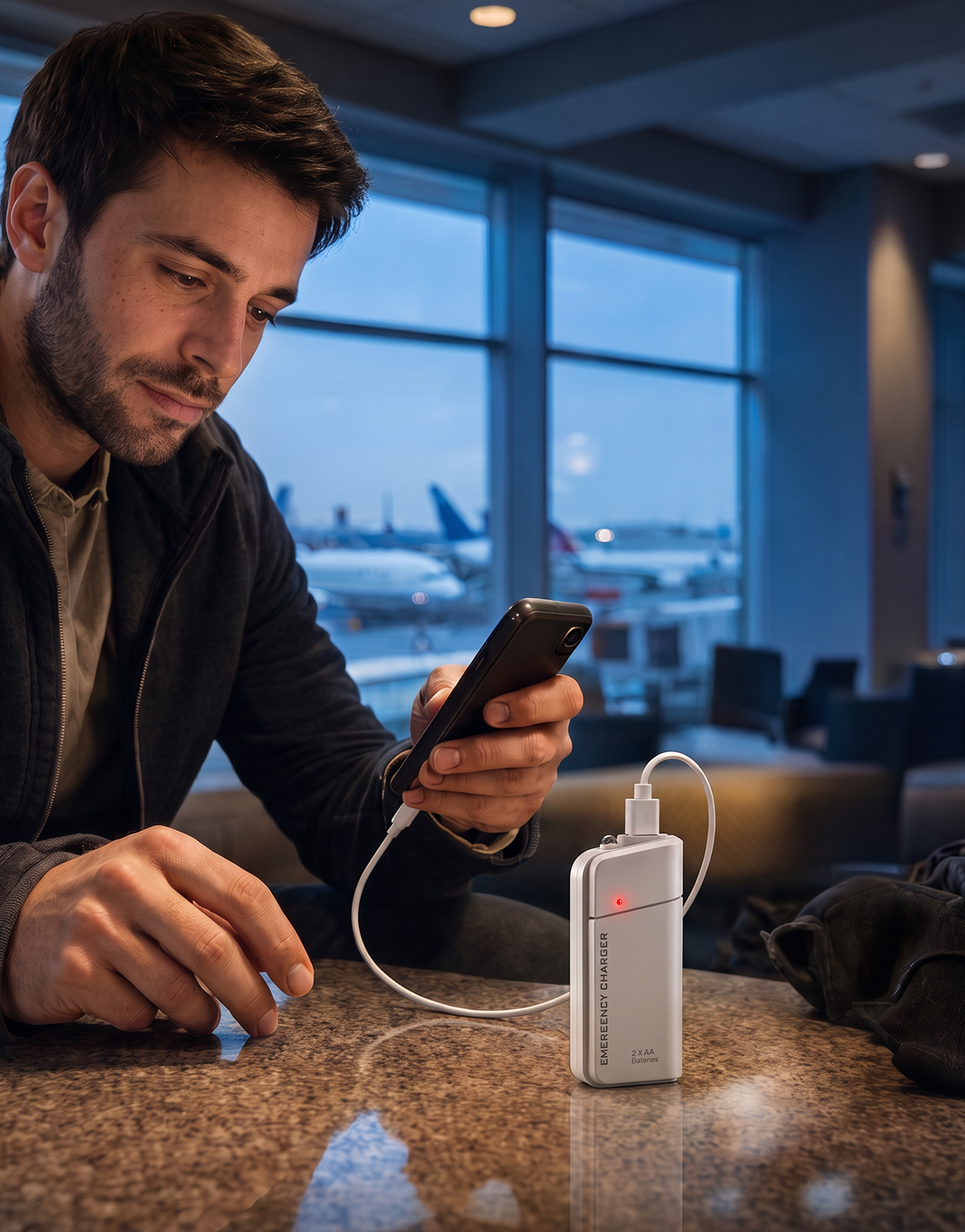 Bärbar nödladdare med AA-batterier – USB-laddning, kompakt och med LED-ficklampa – perfekt för resor, pendling och strömavbrott