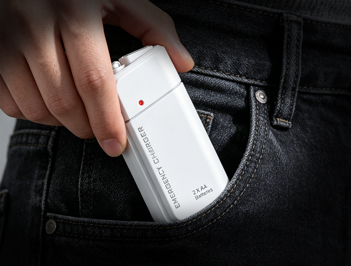Bärbar nödladdare med AA-batterier – USB-laddning, kompakt och med LED-ficklampa – perfekt för resor, pendling och strömavbrott