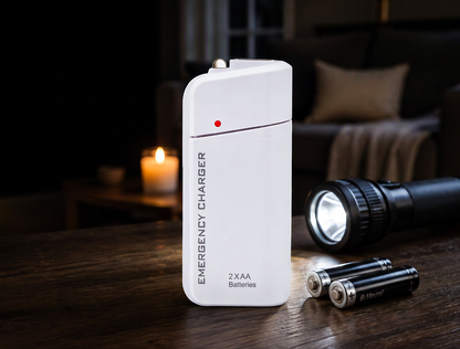Bärbar nödladdare med AA-batterier – USB-laddning, kompakt och med LED-ficklampa – perfekt för resor, pendling och strömavbrott