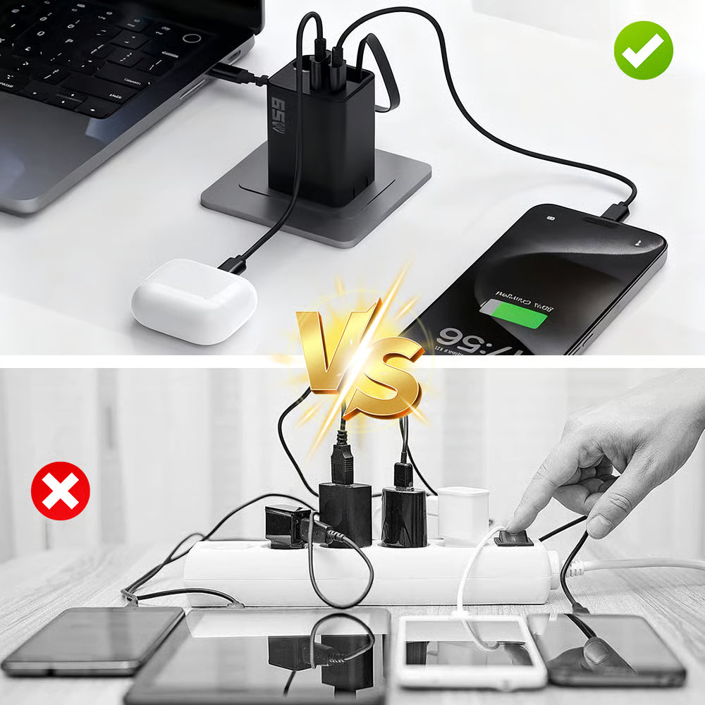 65W 3-i-1 snabb-laddare med utdragbar kabel
